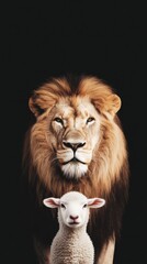 A majestic lion and a gentle lamb sit together against a dark background, symbolizing harmony and tranquility in nature.