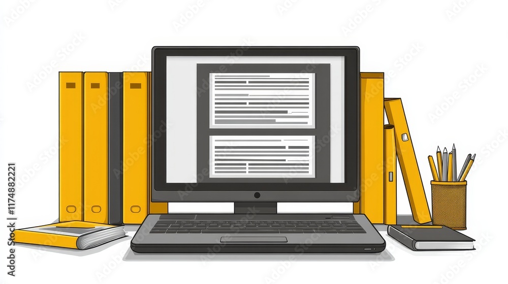 Poster desktop computer displaying document with surrounding office supplies