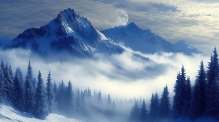 A serene winter landscape with mountains, fog, and a full moon.
