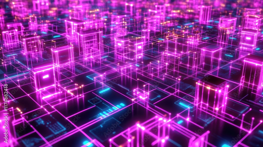 Poster abstract representation of the internet of things with glowing virtual devices, interconnected netwo