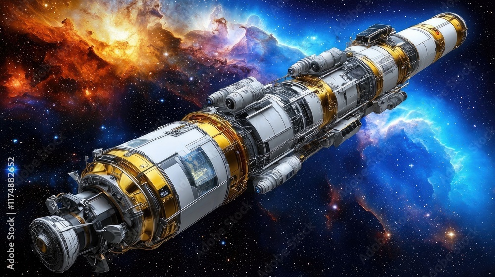 Poster exploring spacecraft technology outer space digital art cosmic environment futuristic viewpoint