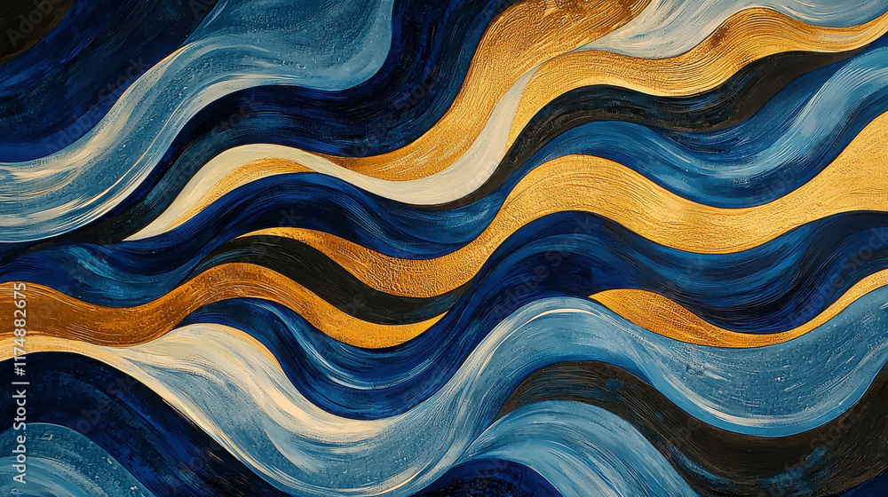 Poster dynamic abstract patterns with intertwining waves in blue and gold tones
