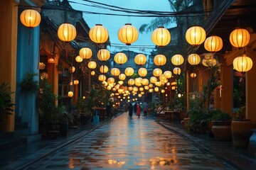 A street filled with lanterns during a night celebration at a traditional festival. Generative AI