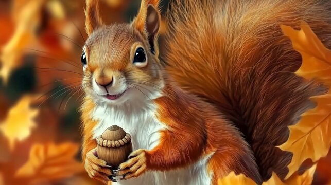 Smiling Critters. A cheerful cartoon squirrel wearing a tiny hat, holding an acorn, surrounded by colorful autumn leaves, with a big smile on its face.