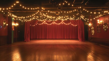 A beautifully lit stage with plush curtains, classic vintage lights, and polished wood floors perfect for theatrical events.
