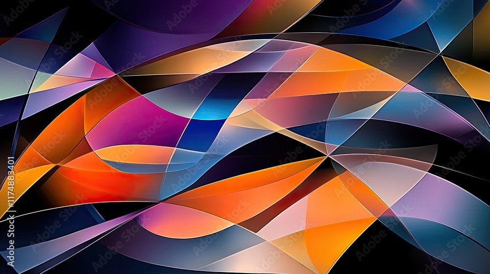 Poster bold geometric graphic elements with dynamic lines and vibrant contrasting colors on a clean backgro