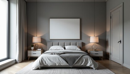 A chic gray studio room with modern lighting offers a clean and minimalistic setting.