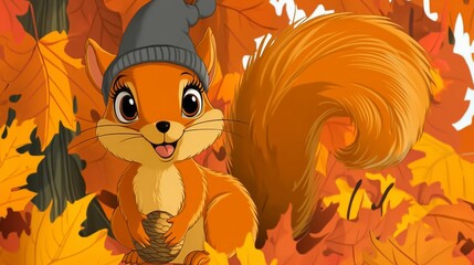 Fototapeta premium Smiling Critters. A cheerful cartoon squirrel wearing a tiny hat, holding an acorn, surrounded by colorful autumn leaves, with a big smile on its face.