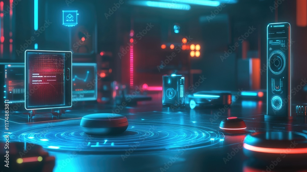 Aufkleber close-up of smart home devices, including virtual assistants and connected objects, illuminated with
