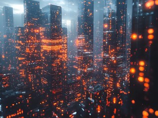 Fototapeta premium Futuristic Cityscape with Towering Glass Skyscrapers and Vibrant Neon Lights Illuminating the Skyline