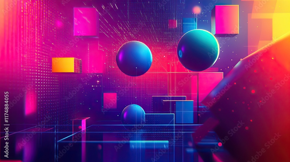 Poster creative abstract template with geometric shapes in vibrant hues and ample negative space for conten
