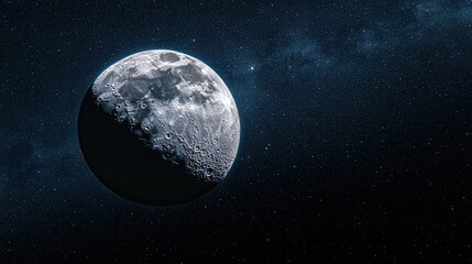 A partially illuminated moon against a starry backdrop. Ideal for space-themed projects, websites, or presentations evoking mystery and wonder.