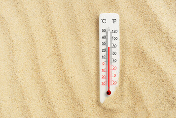 Hot summer day. Celsius and fahrenheit scale thermometer in the sand. Ambient temperature plus 27...