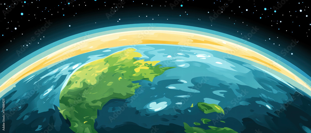 Poster Close-up view of a planet's thick atmosphere with vibrant sci-fi colors and dynamic patterns