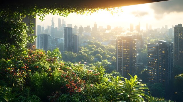 Lush Rooftop Garden With Panoramic City Skyline View Tranquil Urban Oasis Amidst Towering Skyscrapers