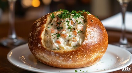A bread bowl of seafood chowder with a sprinkle of parsley, served on a warm wooden dining table.
