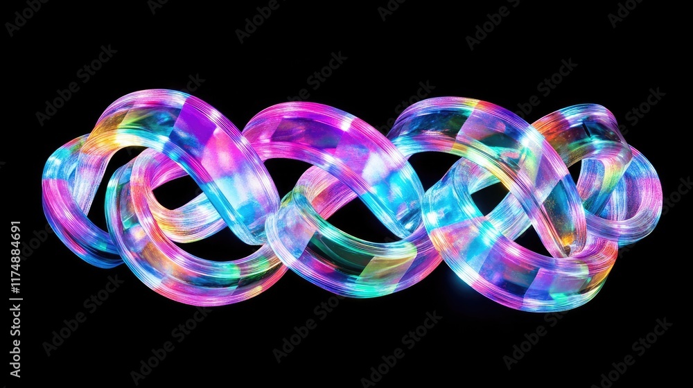 Poster dynamic d ribbon loops glowing in bright neon gradients, arranged in an abstract design.