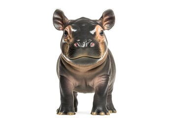 Fototapeta premium A realistic standing baby hippopotamus with a large head and big ears, isolated on a white background, high-resolution photography. 