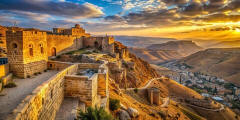 Obraz premium Kerak Castle Jordan: Majestic Afternoon Sunlit Walls & Hilly Landscape