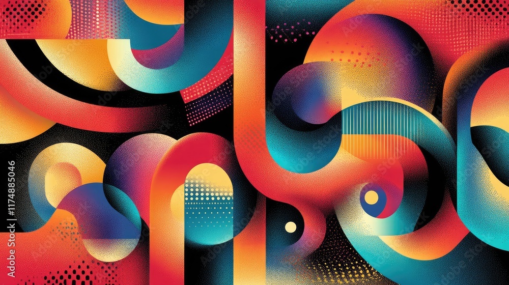 Poster dynamic futuristic graphic featuring illuminated geometric patterns and vibrant neon hues.