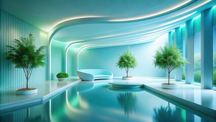 Fototapeta premium Serene Aqua Sanctuary Modern Interior Design with Indoor Pool and Lush Greenery