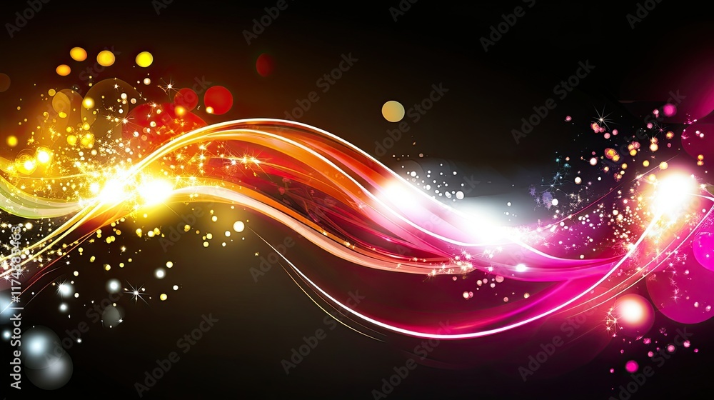 Poster dynamic glowing futuristic patterns in bright neon gradients over a sleek dark background.