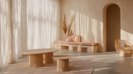 A bright pastel living room with blush pink decor, light beige walls, and sheer white curtains.