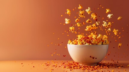 Spicy popcorn flying with chili flakes in a white bowl against orange background perfect for dynamic snack promotions or fiery food visuals.
