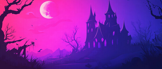 Bright cartoon illustration of a witch's magic castle under a vivid moonlit sky