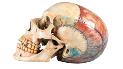 Anatomical human skull with colorful markings. transparent background