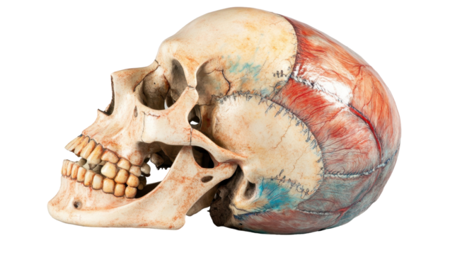 Anatomical human skull with colorful markings. transparent background