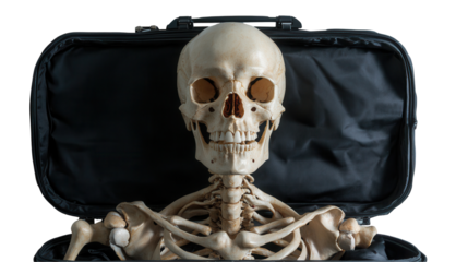 Skeleton in a bag for educational purposes transparent background
