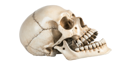 Realistic human skull model on white background transparent background