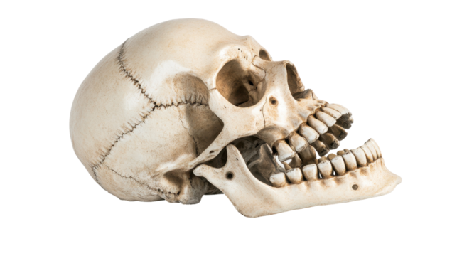 Realistic human skull model on white background transparent background