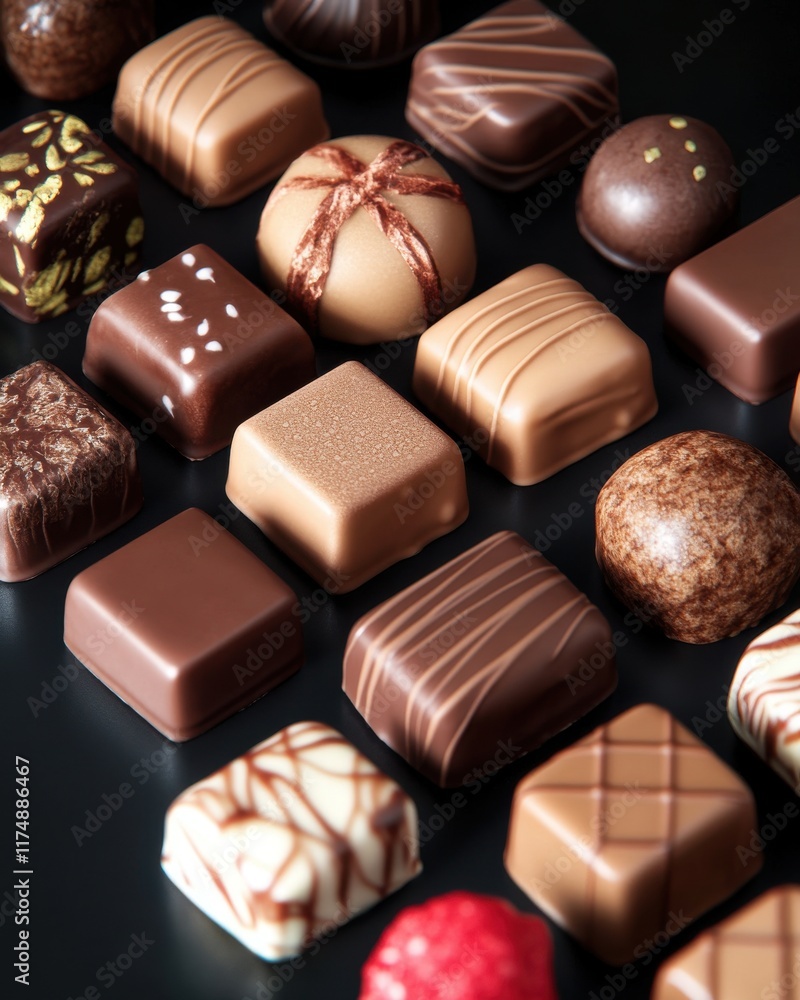 Poster an array of delicious assorted chocolates in various shapes and flavors, artfully arranged on a dark