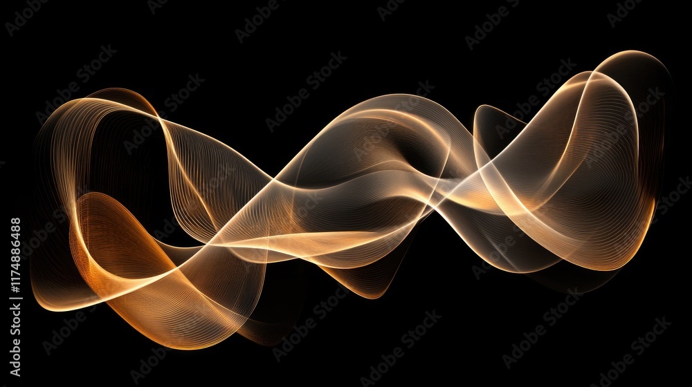Poster fluid, ribbon-like graphic elements in soft, glowing hues forming an elegant and dynamic composition