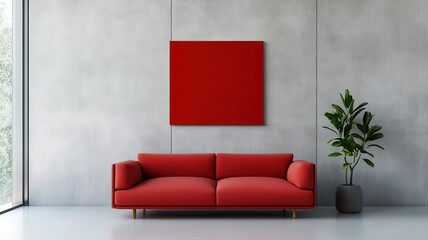 Stylish Modern Living Room Featuring a Bold Red Sofa and Contemporary Decor