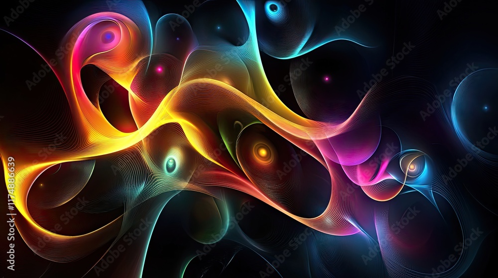 Poster futuristic d graphic with metallic structures and intricate patterns illuminated in vibrant neon hue