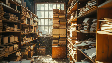 Obraz premium Ancient Archive Room with Dusty Shelves Full of Old Documents and Paperwork