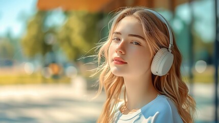 A young European woman in her early 20s with fair, rosy skin and light blonde hair, wearing a short, sports sleek white wireless headphones.