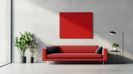 Stylish Modern Living Room Featuring a Bold Red Sofa and Contemporary Decor