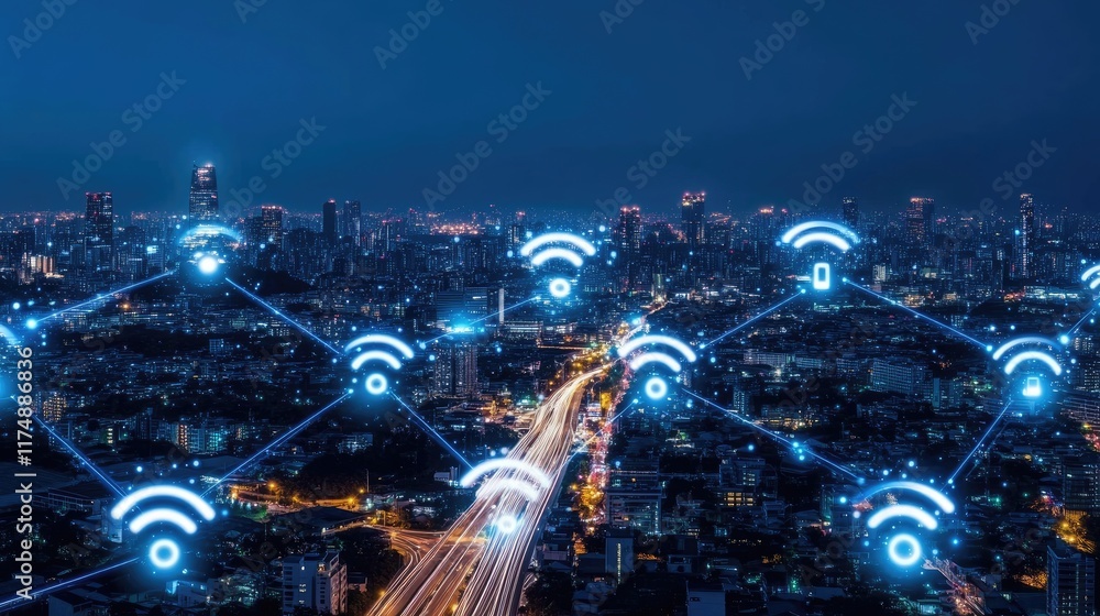Poster futuristic digital devices connected by wireless signals, glowing circuits, and interactive technolo