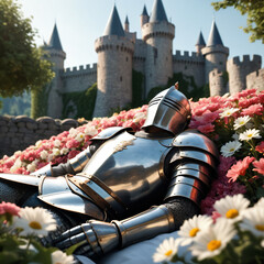 Knight sleeps on a flower bed, view of the castle behind, reflective armor, fairytale picture