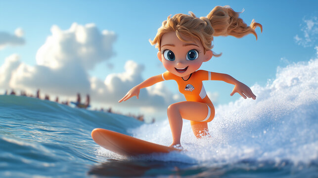 cute 3d female surfer character surfing the crest of a wave