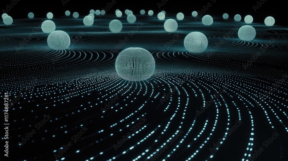 Poster futuristic glowing orbs connected by intricate pathways and dynamic light trails.