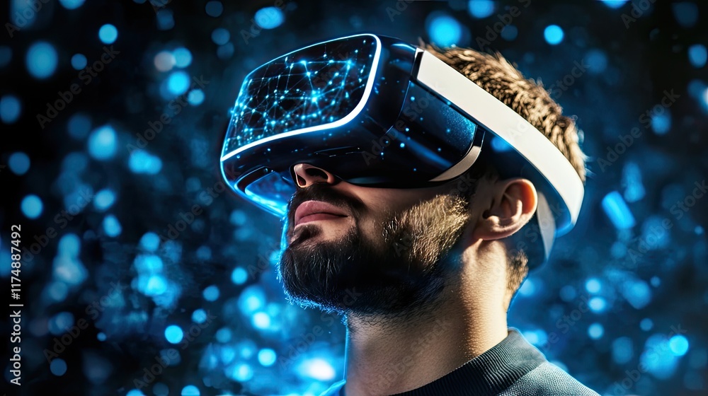 Poster futuristic smart technology with glowing data paths, interactive devices, and virtual environments e