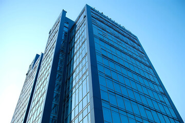 Obraz premium Tall modern office building with blue reflective windows gleaming in the sunlight on a clear day, showcasing sleek contemporary design and urban appeal