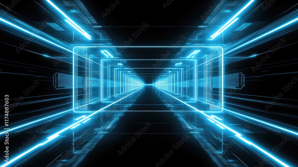 Poster futuristic technology design with glowing neon lines and digital circuit patterns.