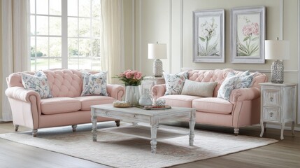 Fototapeta premium A chic pastel living room featuring blush pink furniture, light cream accents, and floral arrangements.