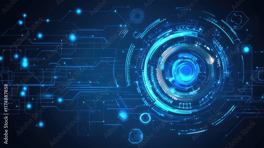 Poster futuristic tech design with digital holographic elements, glowing gridlines, and abstract circuit pa